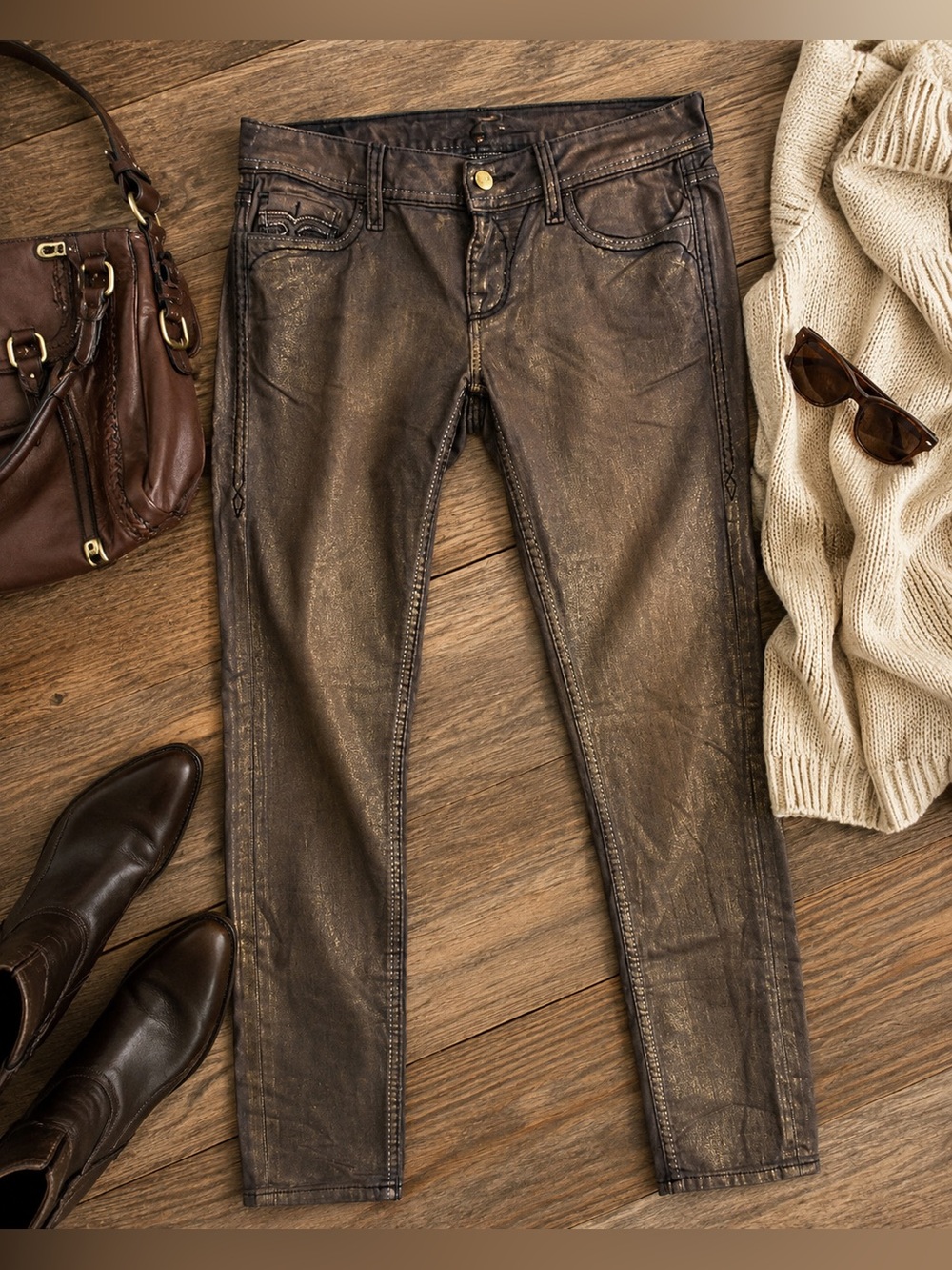 Rock Revival Amelia Skinny Jeans Metallic Bronze Brown Size 26 NWOT